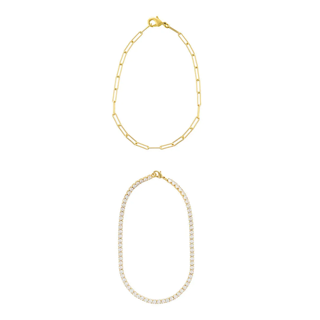 14k Gold Plated 10" Tennis and Paperclip Chain Anklet Set