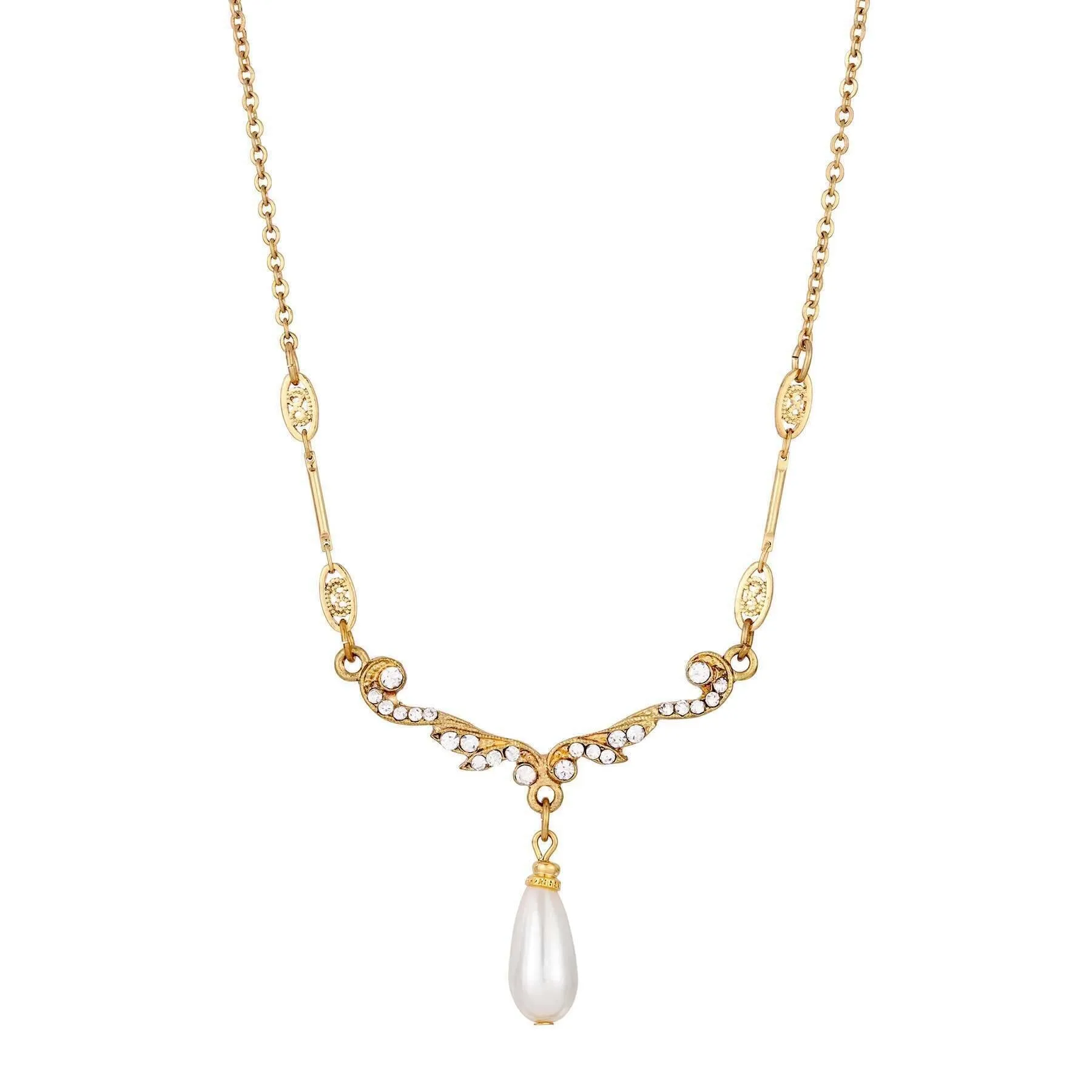 1928 Jewelry Belle Epoch Faux Pearl Teardrop Crystal Necklace 16"   3" Extender