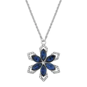 1928 Jewelry Crystal Sapphire Blue Stone Flower Pendant Necklace 16"   3" Extender