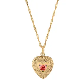 1928 Jewelry Enchanting Bloom Pink Flower Heart Pendant Necklace 17"