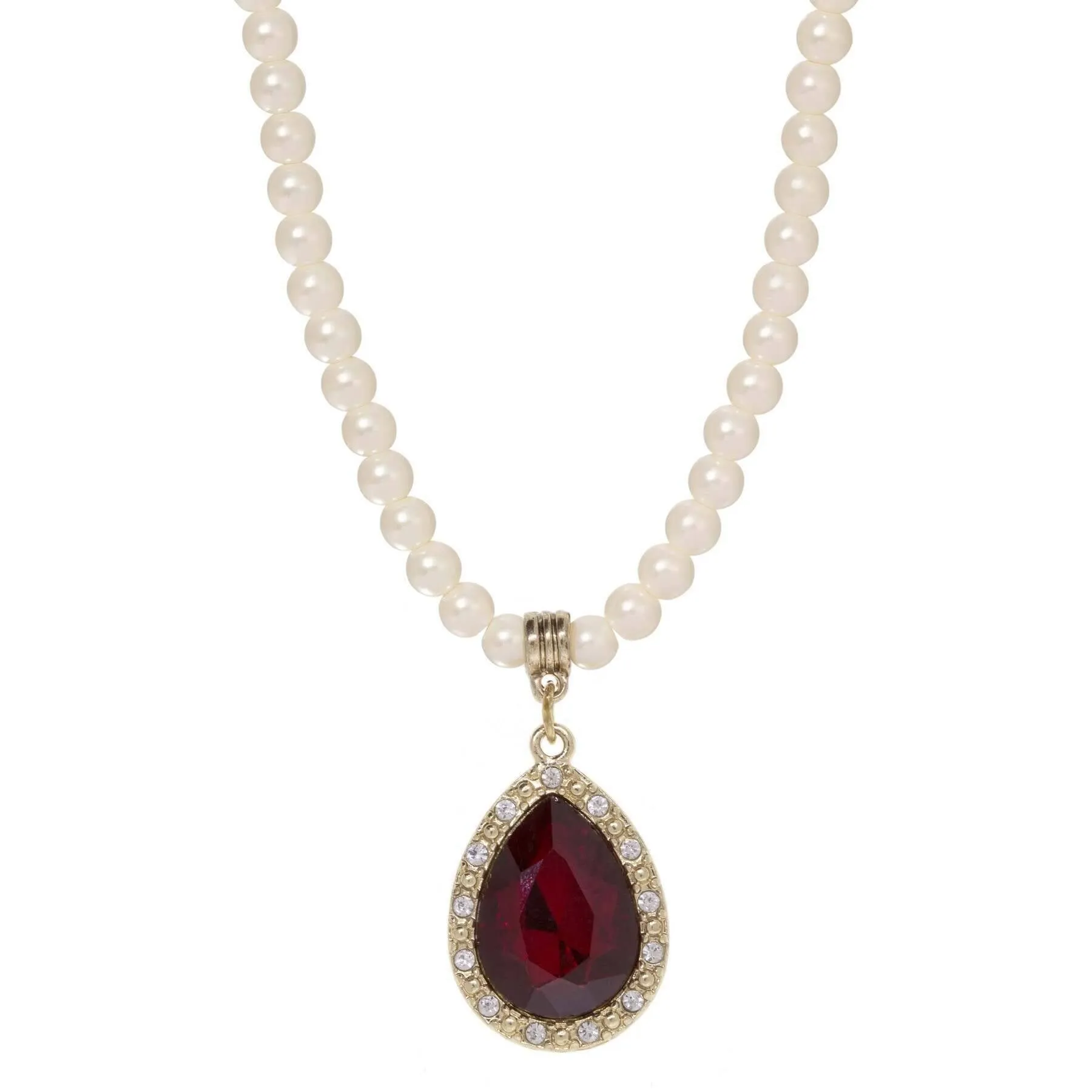 1928 Jewelry Faux Pearl Strand Red Glass Teardrop Crystal Pendant Necklace 15"   3" Extender