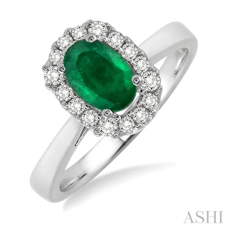 6x4 MM Oval Cut Emerald and 1/6 Ctw Round Cut Diamond Precious Ring in 14K White Gold