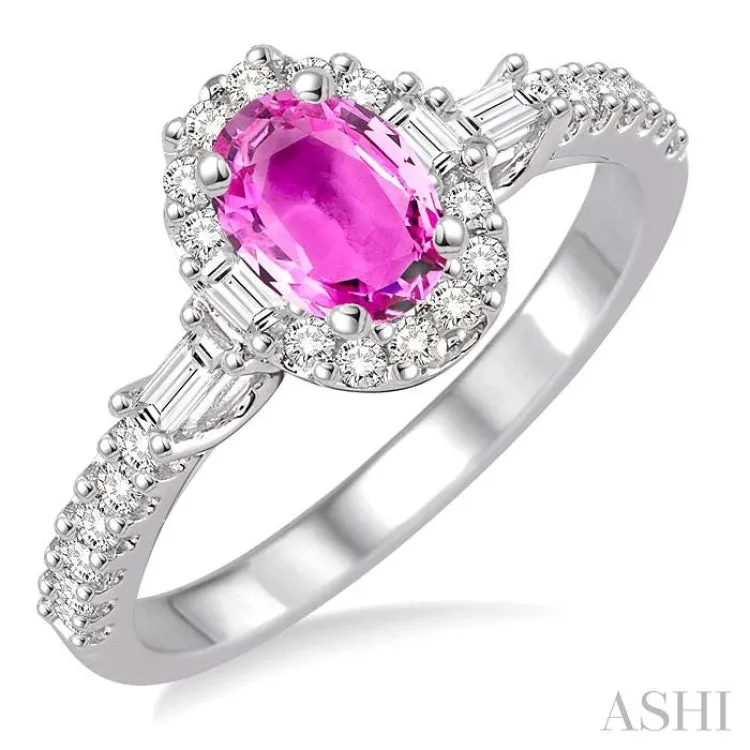 6x4 MM Oval Shape Pink Sapphire and 3/8 Ctw Diamond Precious Ring in 14K White Gold