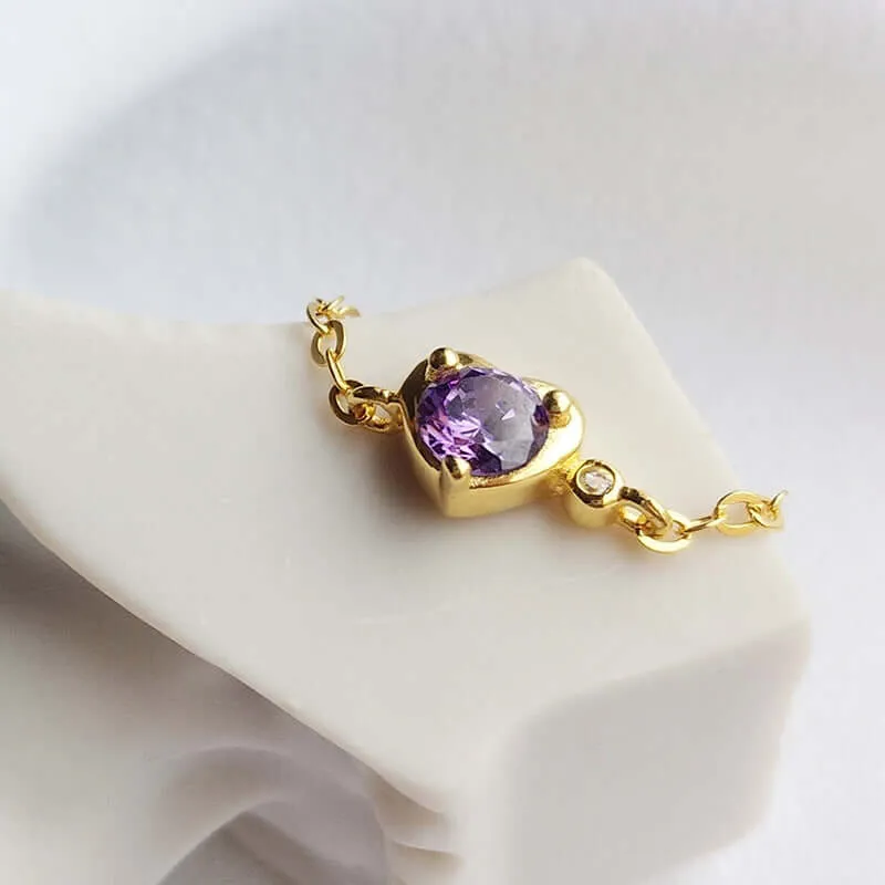 925 Silver Purple Heart Shaped CZ Diamond Adjustable Gold Ring