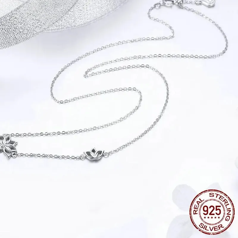 925 Sterling Silver Elegant Lotus Pendant Necklaces Cubic Zircon Flower Necklace for Women Fine Jewelry