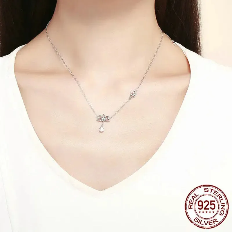 925 Sterling Silver Elegant Lotus Pendant Necklaces Cubic Zircon Flower Necklace for Women Fine Jewelry