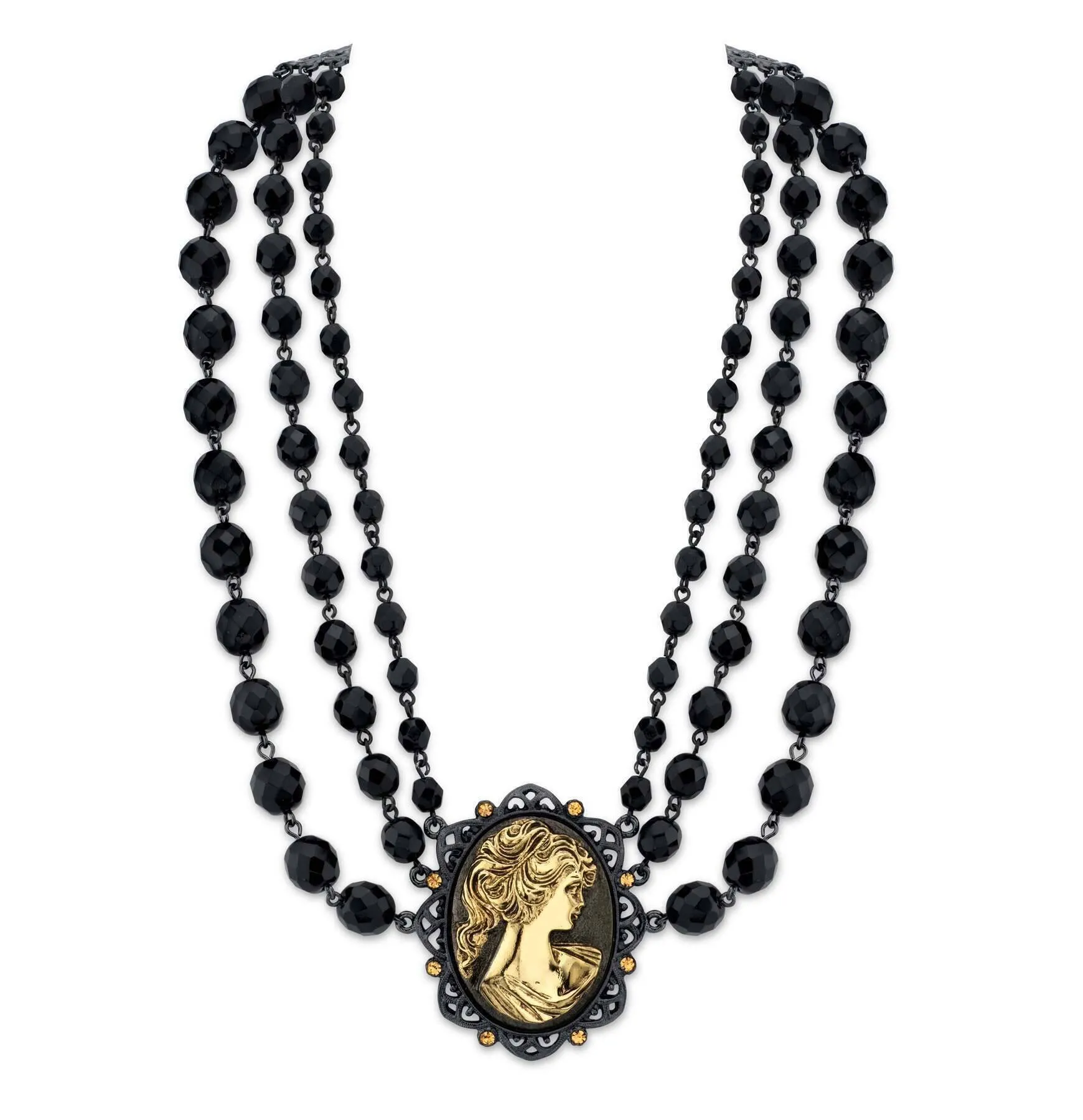 Antiquities Couture Black Triple Strand Topaz Crystal Gold Victorian Princess Cameo Necklace 16"   3" Extender