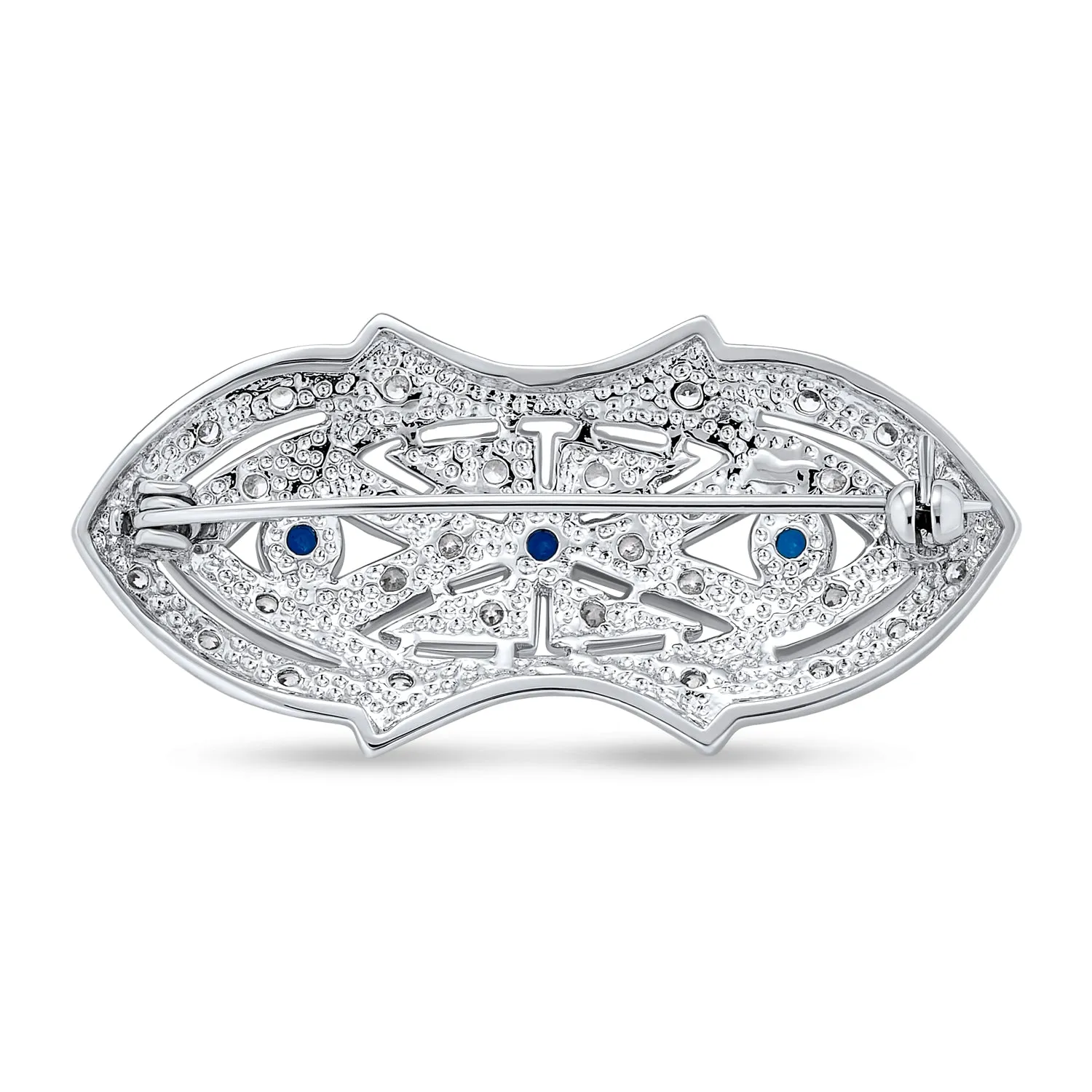 Art Deco Brooche Pin with Blue CZ Simulated Sapphire on Silver Plated Brass