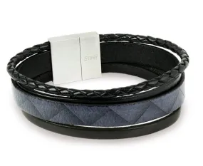 Black and Grey Nappa Leather Braided and Zig-Zag Patterned 4 Band Men’s Bracelet with a Stainless Steel Magnetic Matte Finish Clasp