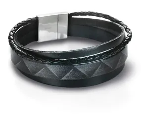 Black and Grey Nappa Leather Braided and Zig-Zag Patterned 4 Band Smooth Men’s Bracelet with a Stainless Steel Magnetic Shiny Finish Clasp