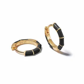 Black Stripe Huggie Hoop Earrings 18ct Gold Plate