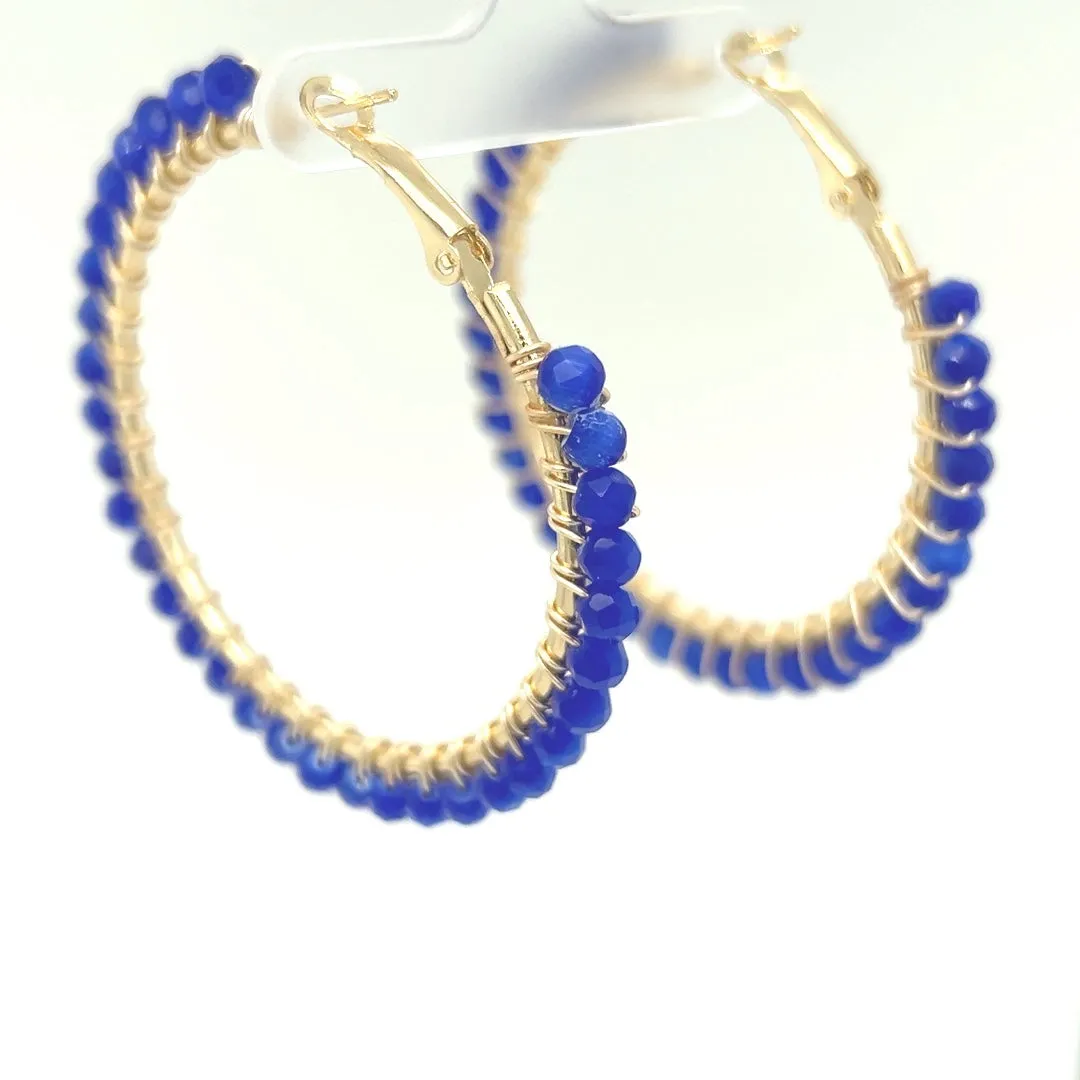 Blue Beaded Gold Hoop Earrings Large