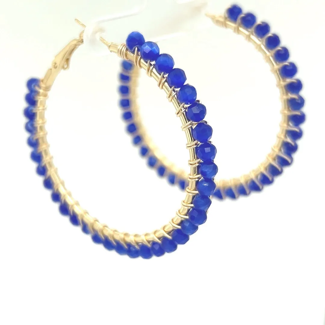 Blue Beaded Gold Hoop Earrings Large