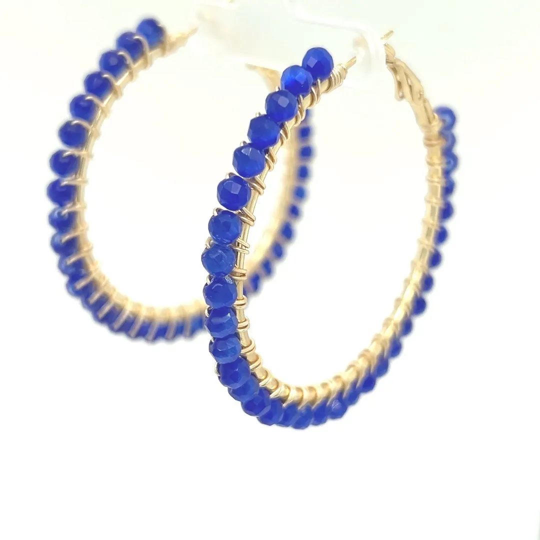 Blue Beaded Gold Hoop Earrings Large