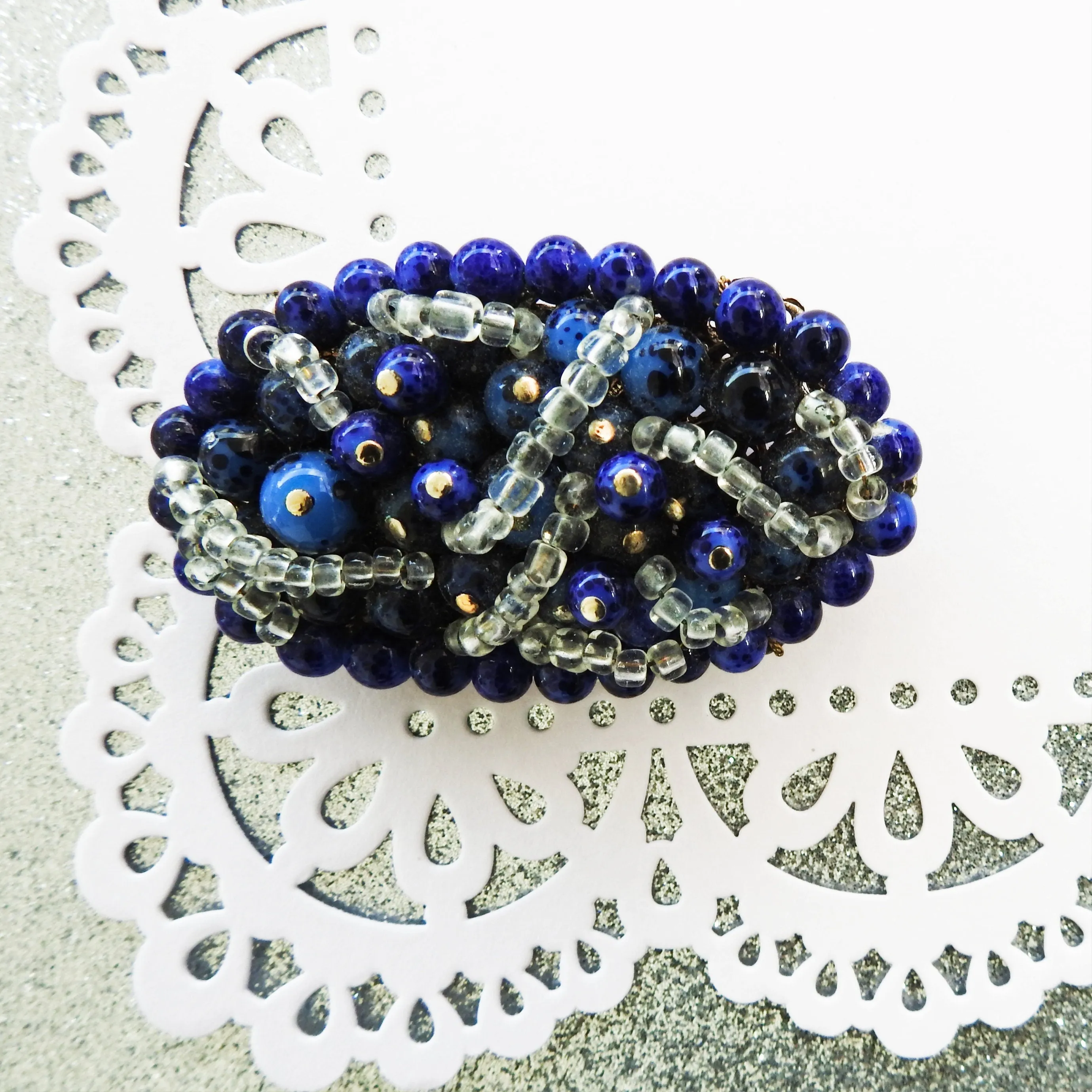 Blue vintage beaded brooch