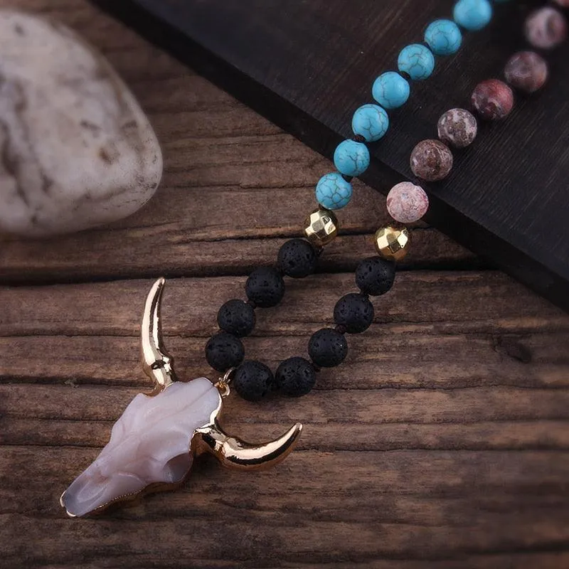 Bohemian Knotted Stone Horn Pendant Necklace