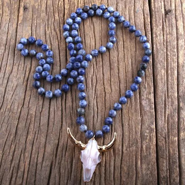 Bohemian Knotted Stone Horn Pendant Necklace