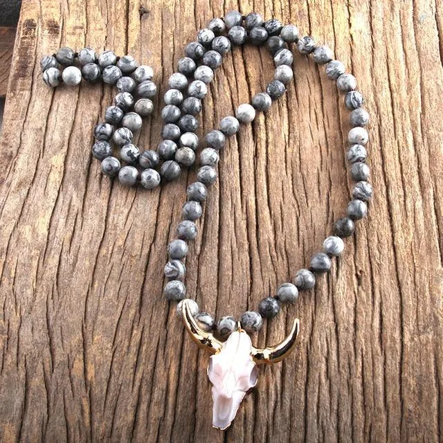 Bohemian Knotted Stone Horn Pendant Necklace