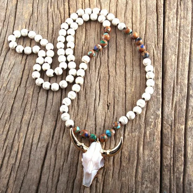 Bohemian Knotted Stone Horn Pendant Necklace