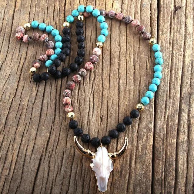 Bohemian Knotted Stone Horn Pendant Necklace