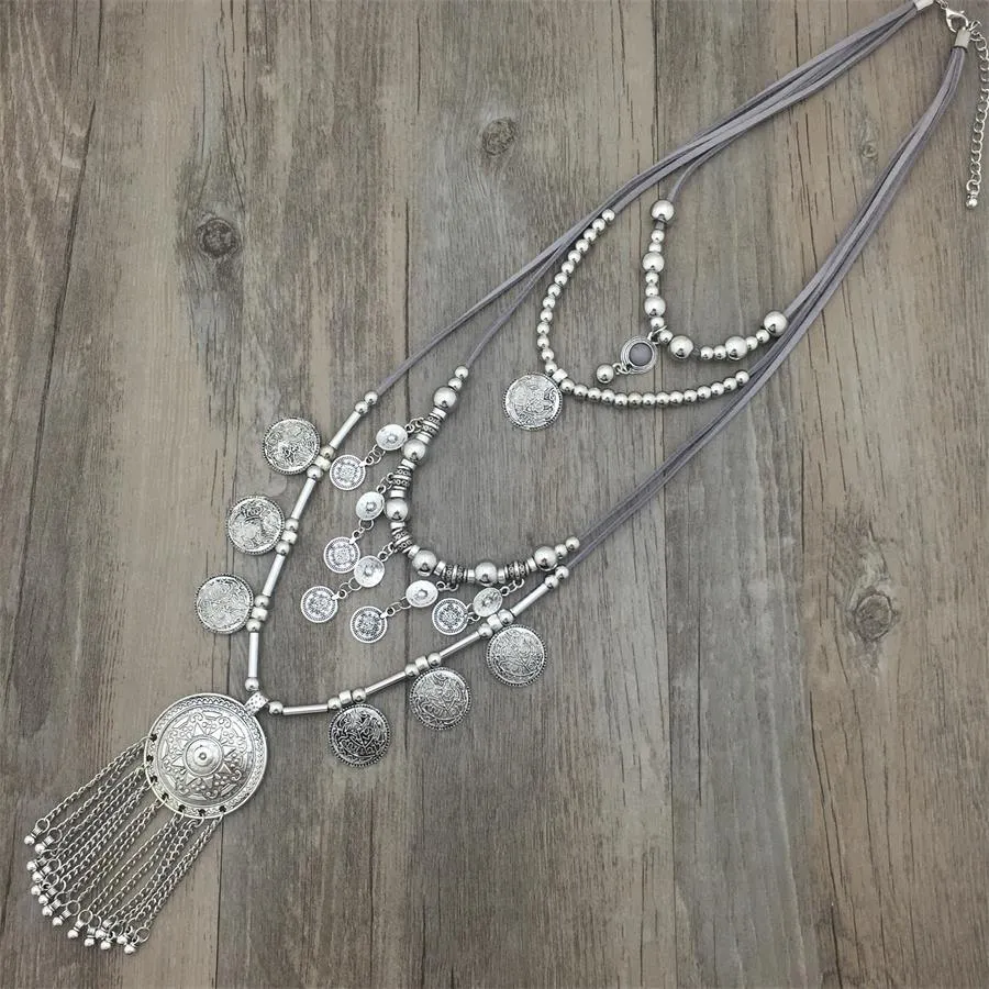 Bohemian Silver Beads with Tassel Long Pendant