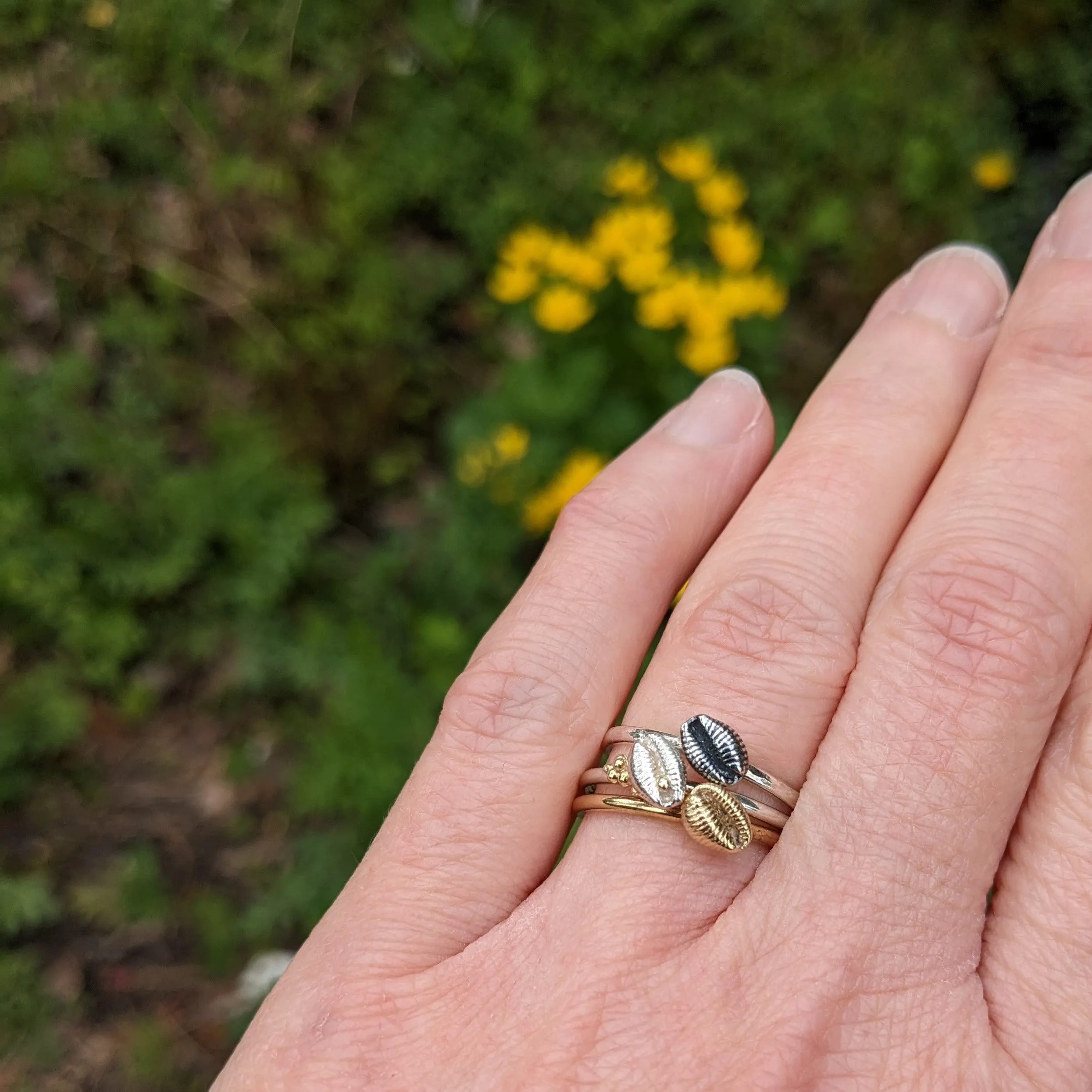 Cowrie Ring with Tiny Single shell, Silver with cluster of 18ct gold sand grains