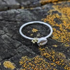 Cowrie Ring with Tiny Single shell, Silver with cluster of 18ct gold sand grains