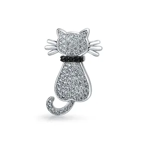 Cute Animal Lover CZ Kitty Cat Brooche Pin Silver Plated Cubic Zirconia