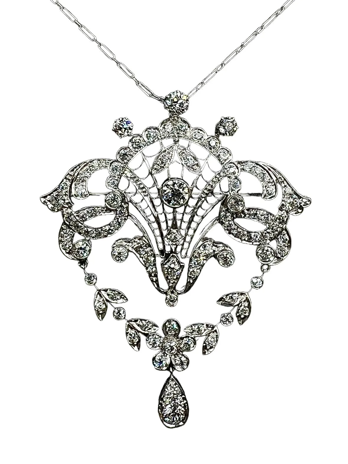 Edwardian Old European Diamond Platinum Brooch Pendant Necklace Circa 1910