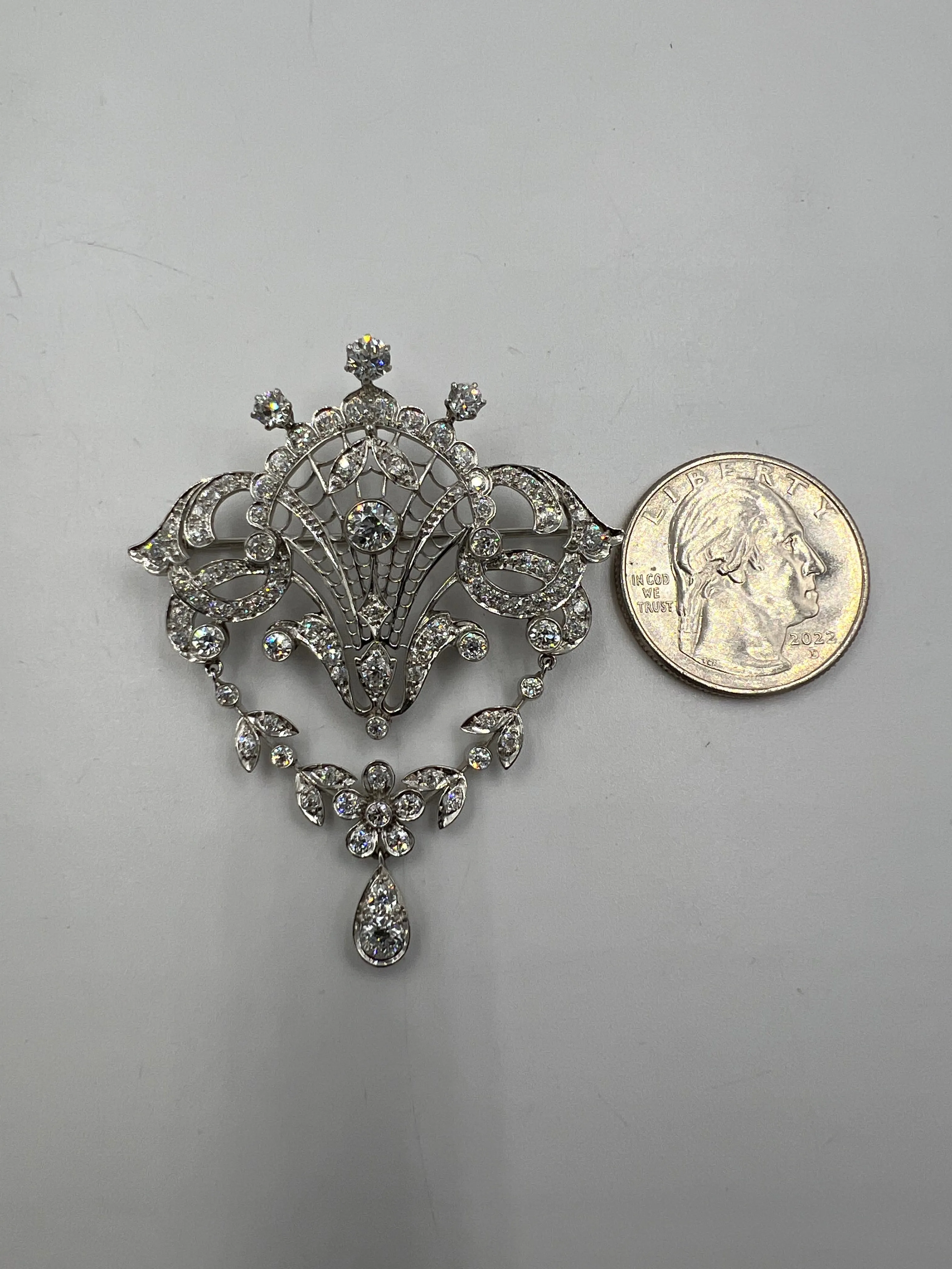 Edwardian Old European Diamond Platinum Brooch Pendant Necklace Circa 1910