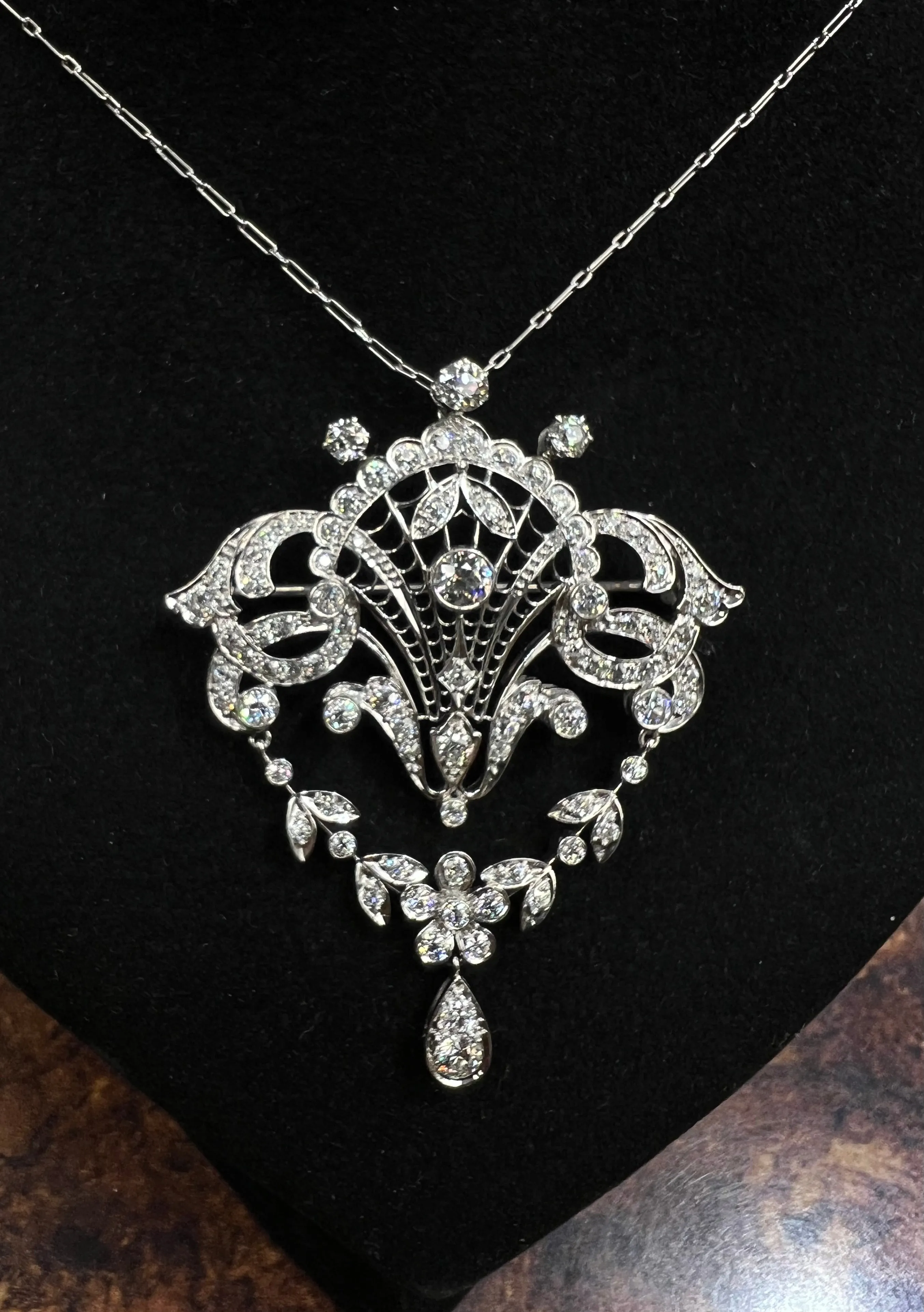 Edwardian Old European Diamond Platinum Brooch Pendant Necklace Circa 1910