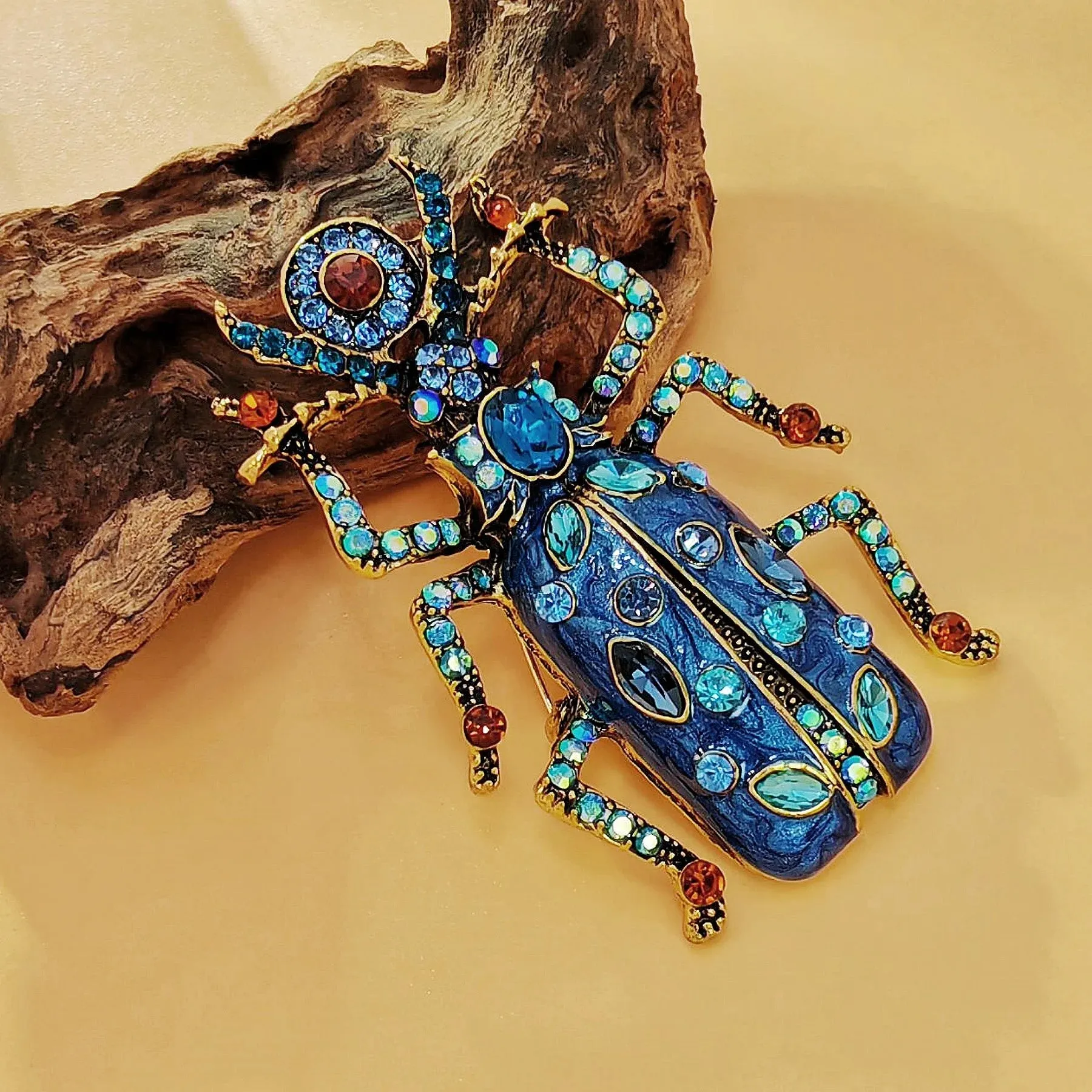 Egyptian Vintage AB Accent Blue Enamel Scarab Brooch Beetle Insect Jewelry