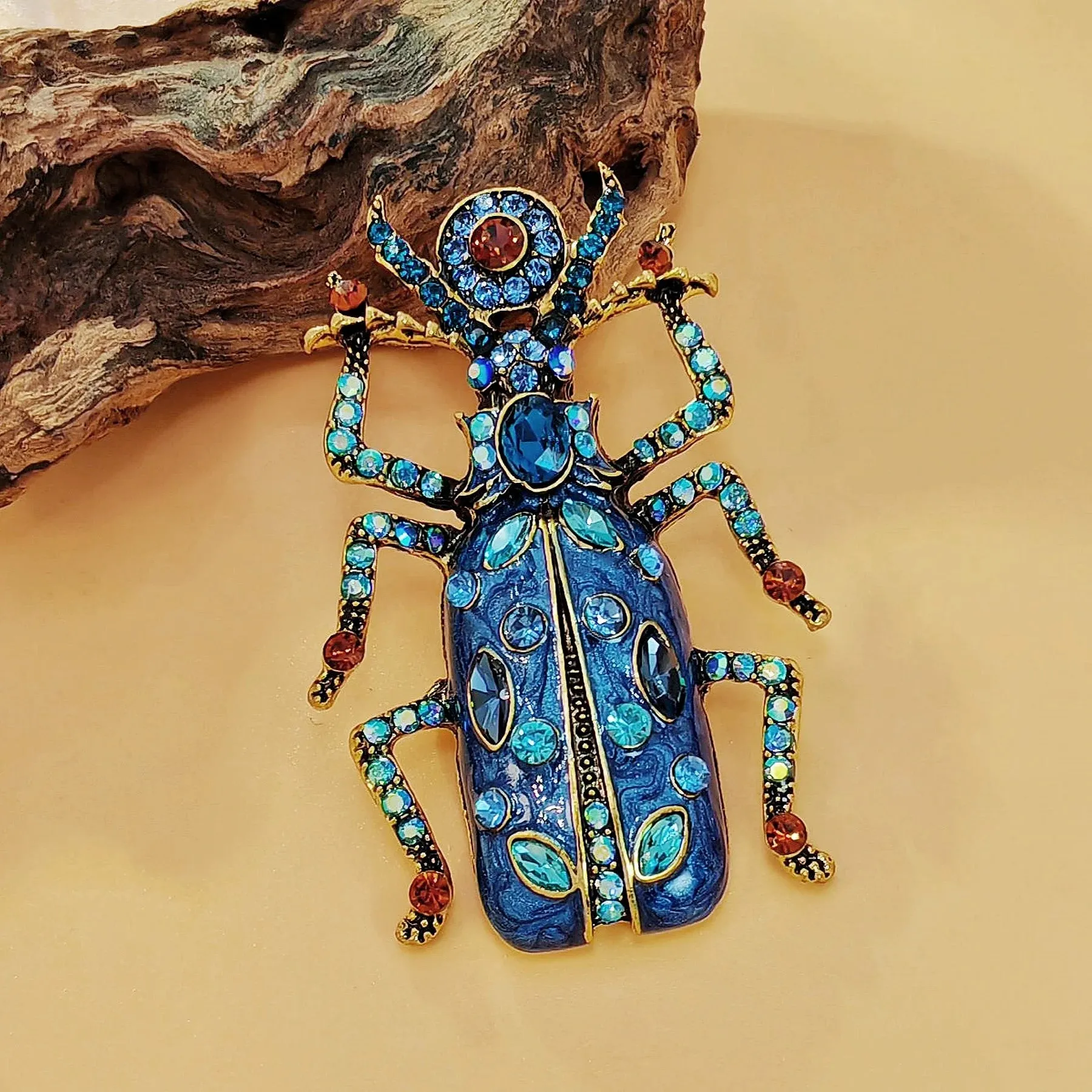 Egyptian Vintage AB Accent Blue Enamel Scarab Brooch Beetle Insect Jewelry