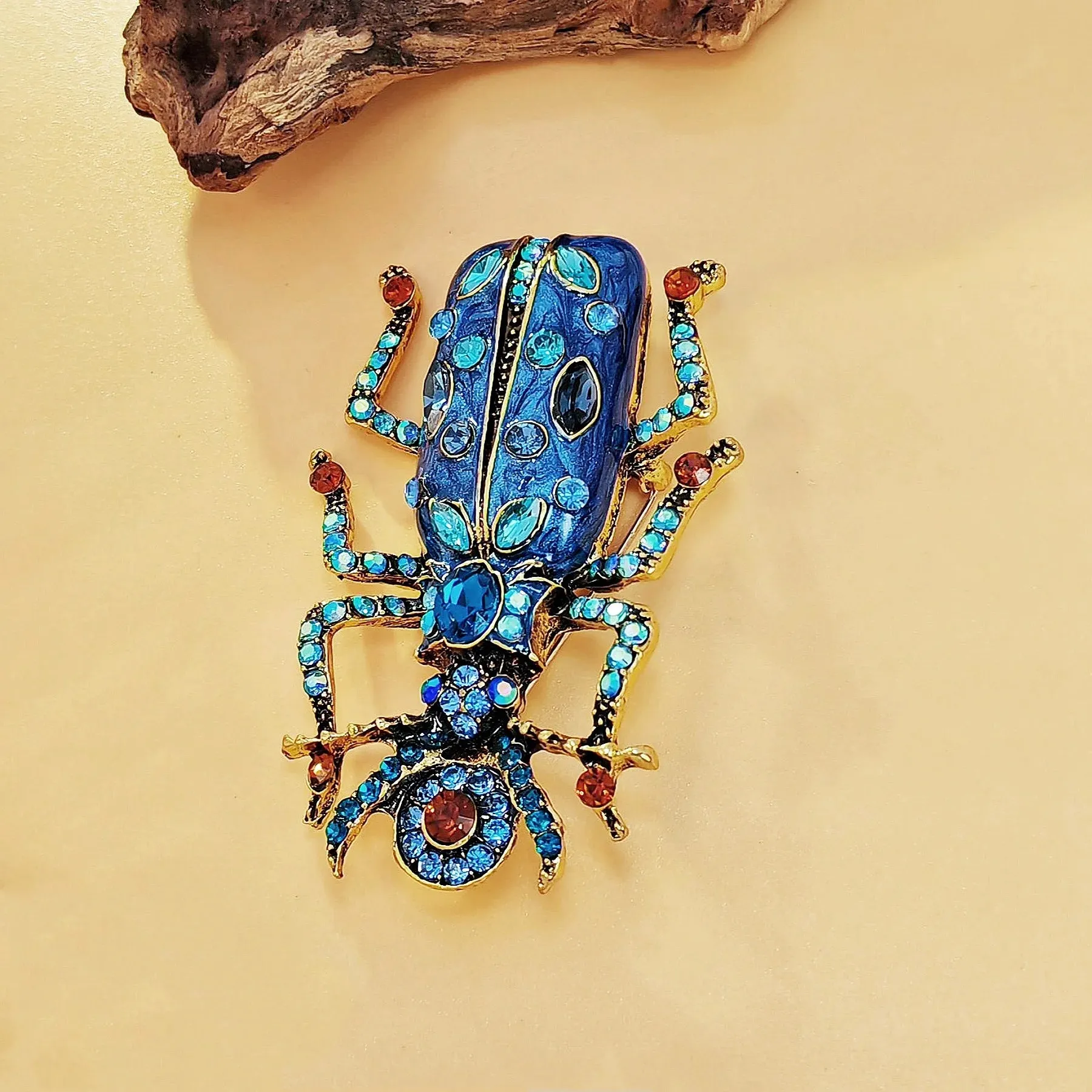 Egyptian Vintage AB Accent Blue Enamel Scarab Brooch Beetle Insect Jewelry