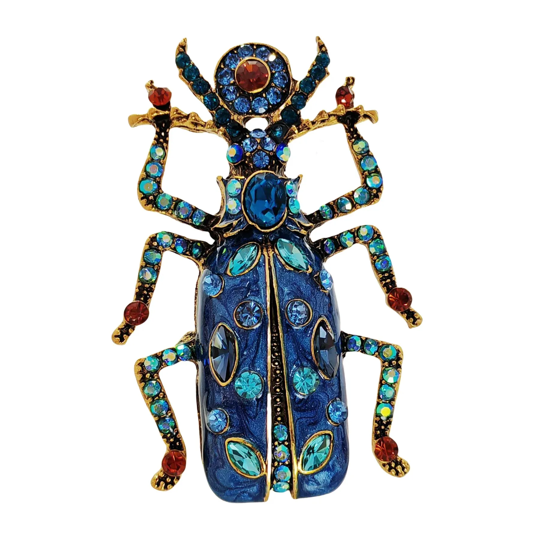 Egyptian Vintage AB Accent Blue Enamel Scarab Brooch Beetle Insect Jewelry