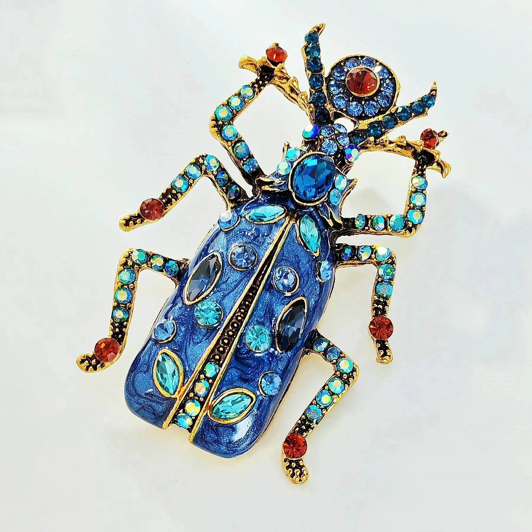 Egyptian Vintage AB Accent Blue Enamel Scarab Brooch Beetle Insect Jewelry