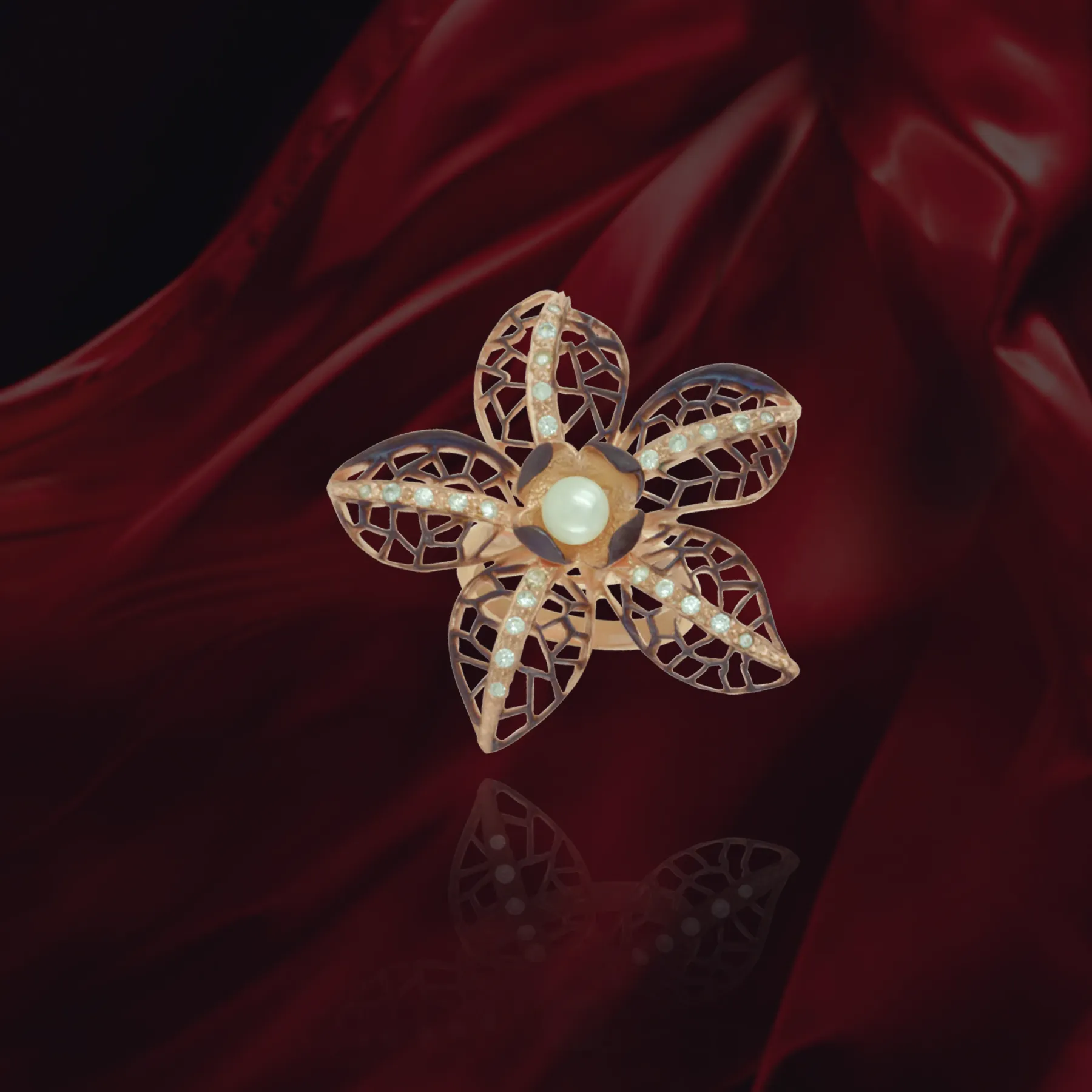 Ember Filigree Flower with Pearl Center and Sparkling Petals Ring