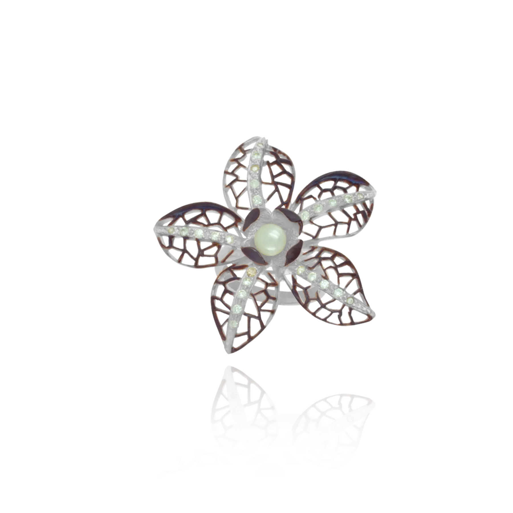 Ember Filigree Flower with Pearl Center and Sparkling Petals Ring