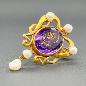 Estate 18K Y Gold 6.88ct Amethyst, Freshwater Pearls, & Diamond Pin