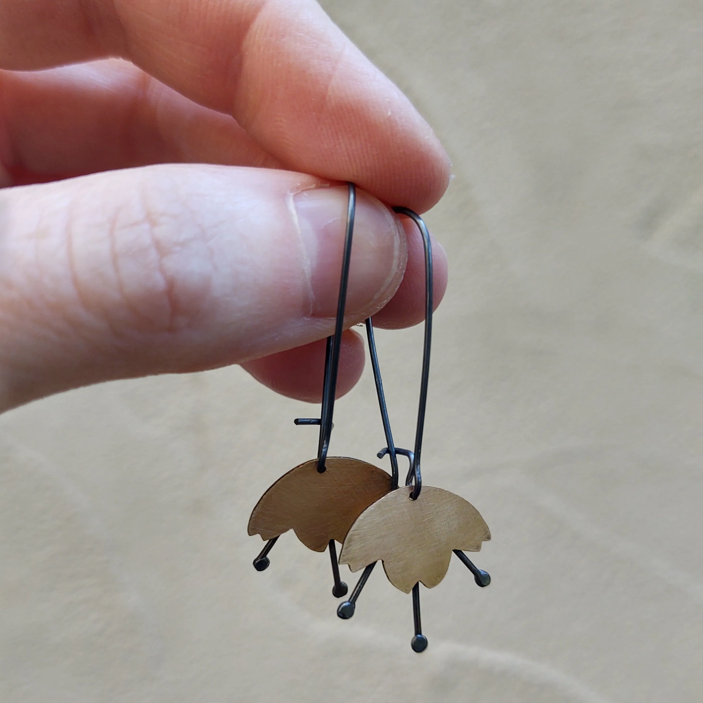 Fucshia Blossom Dangle Earring Gold Filled with Oxidized Silver on Oxidized Silver Hook