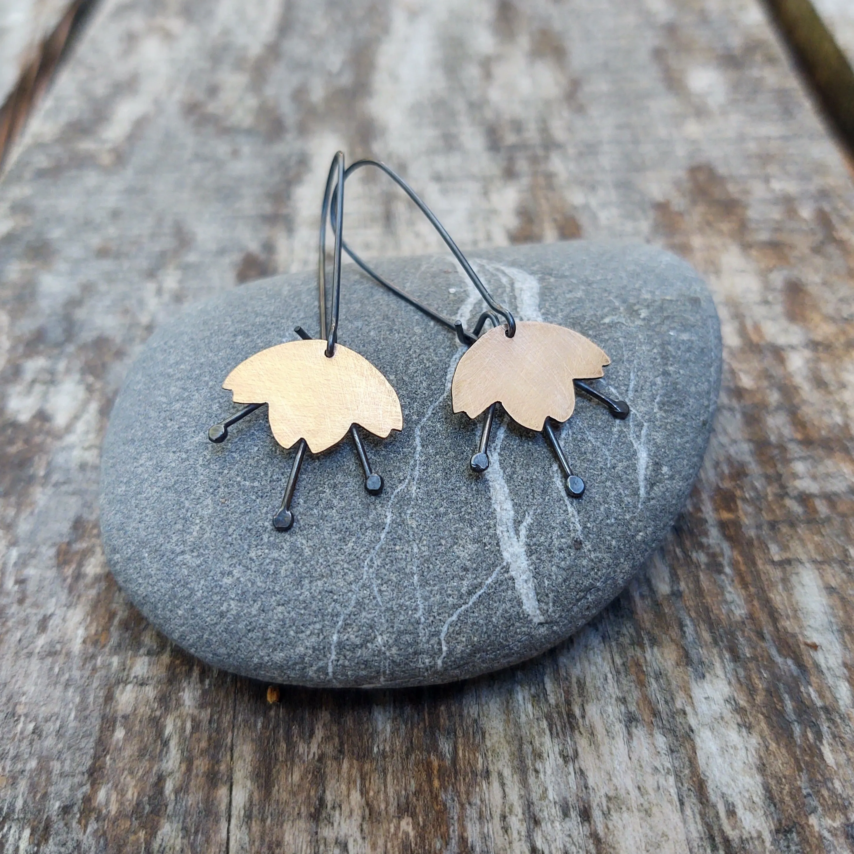 Fucshia Blossom Dangle Earring Gold Filled with Oxidized Silver on Oxidized Silver Hook