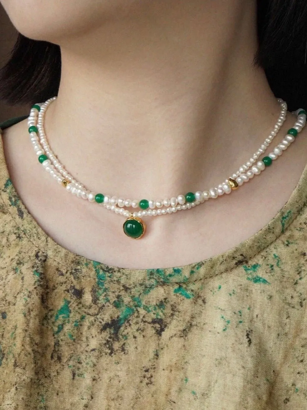 Green Agate Pearl Beaded Necklace