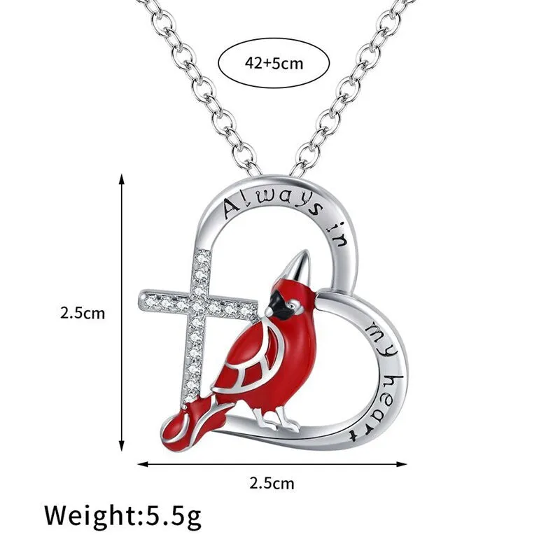 Heart Shaped Cardinal Parrot Necklace Red Bird Cardinals Love lettering cross