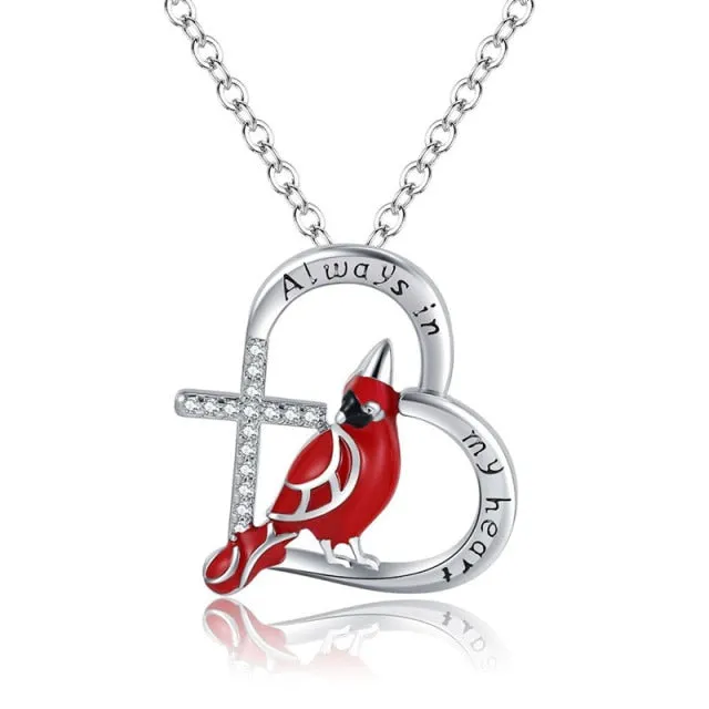 Heart Shaped Cardinal Parrot Necklace Red Bird Cardinals Love lettering cross