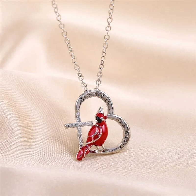 Heart Shaped Cardinal Parrot Necklace Red Bird Cardinals Love lettering cross