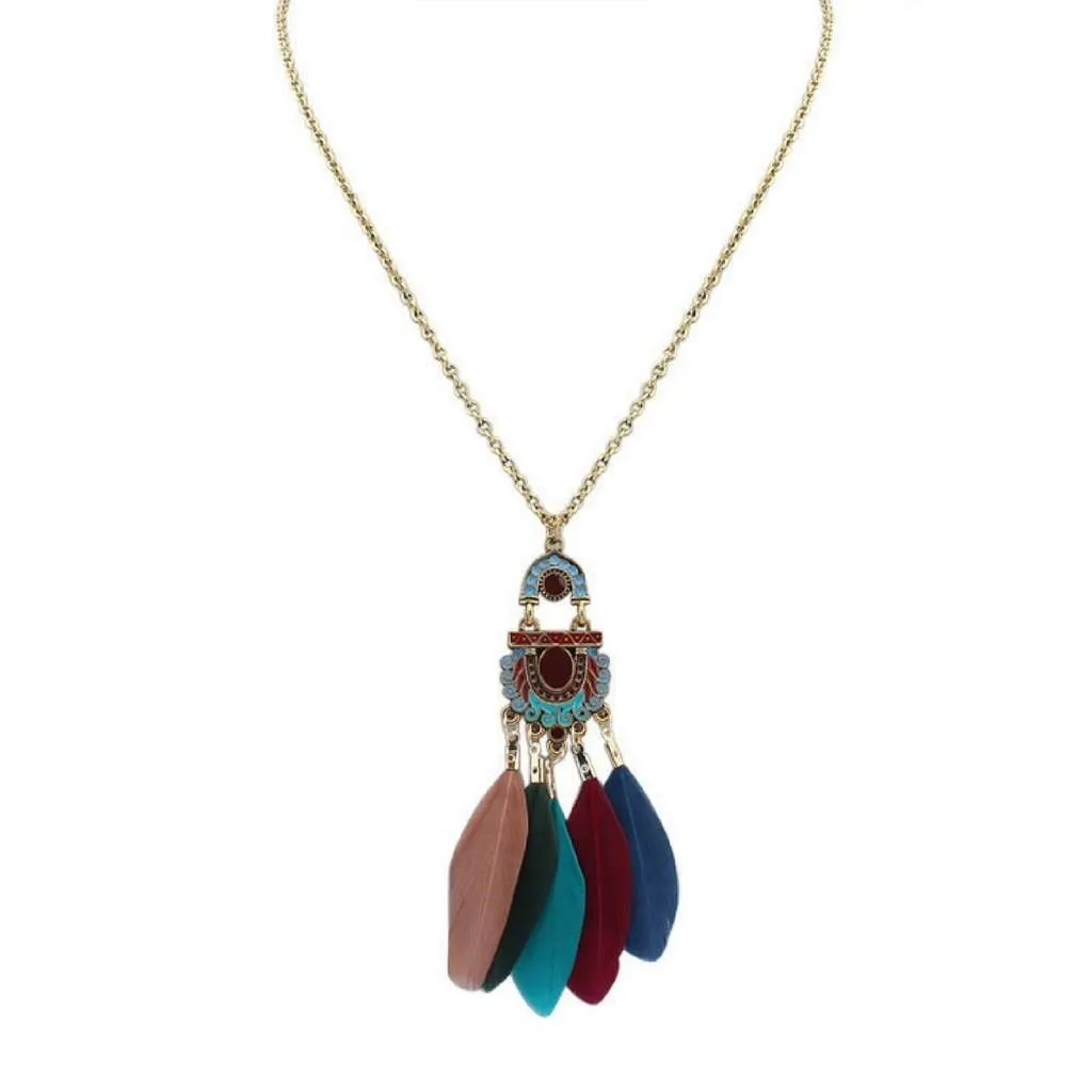 Long Multi Colored Feather Pendant Necklace