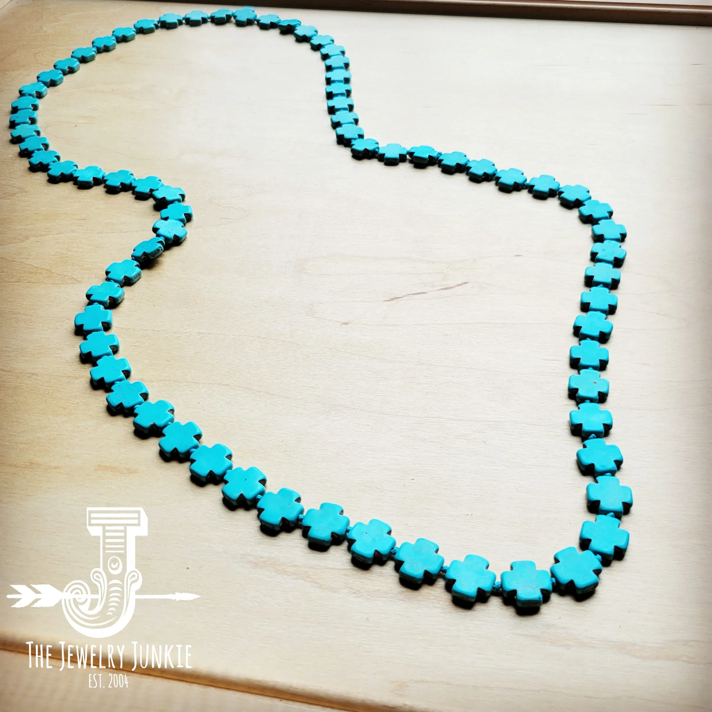 Long Turquoise Beaded Cross Necklace 258L