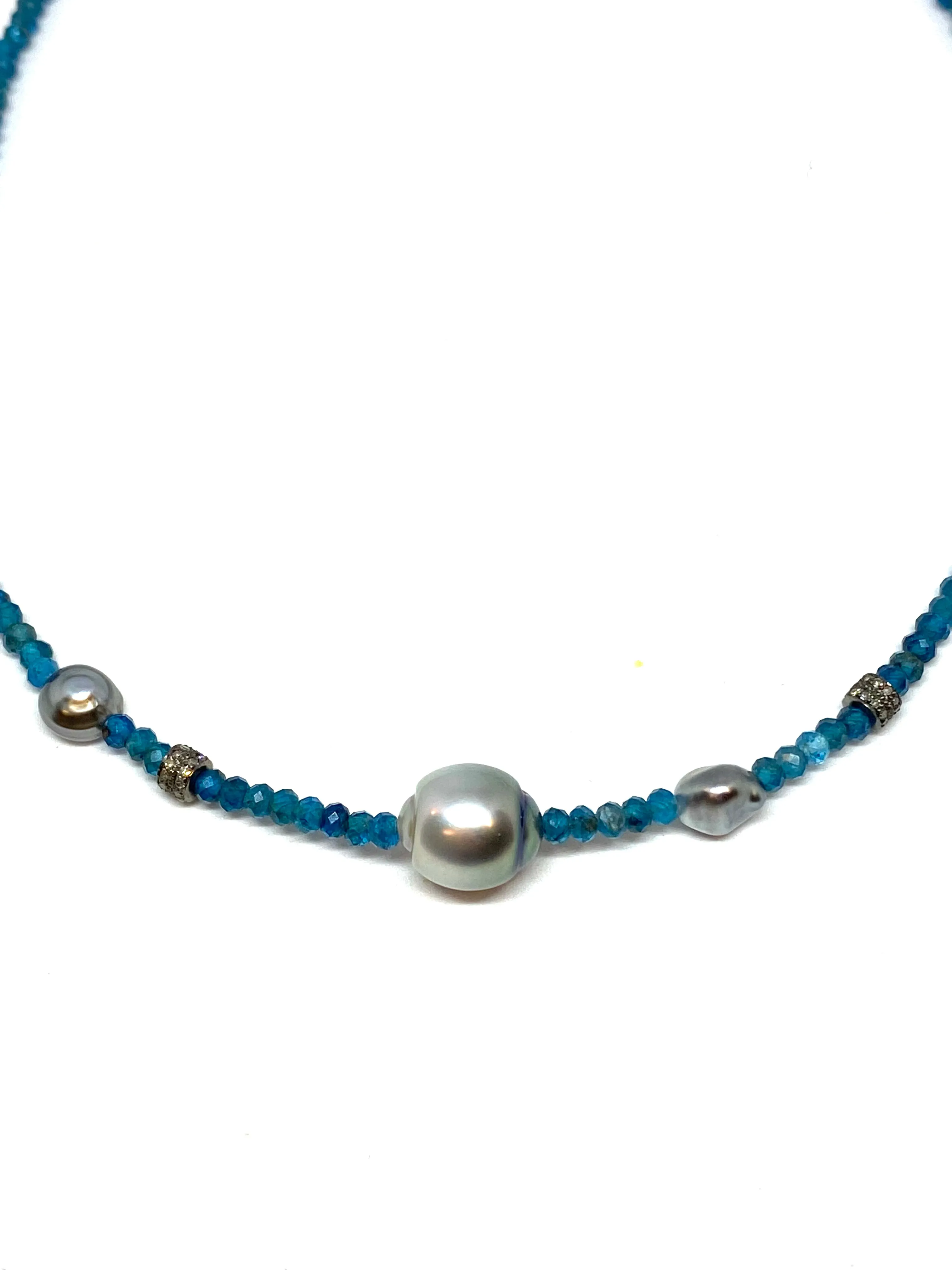 Nathan & Moe 3mm Apatite Bead Necklace with Tahitian Pearls and Oxidized Diamond Rondells