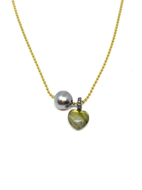 Nathan & Moe Chain Necklace with Tahitian Pearl and Heart Pendant