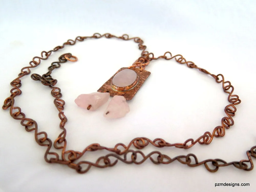 Rose Quartz Necklace set in Copper, Artisan made tribal necklace, Modern Tribal Jewelry